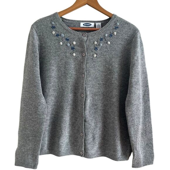 Old Navy Y2K Wool Floral Embroidered Cardigan XL Gray Boxy Cottagecore Cozy Knit - Picture 1 of 8